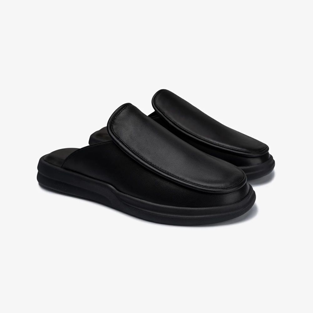 LUSSO Esto Black Smooth Leather Unisex Slides / Slippers